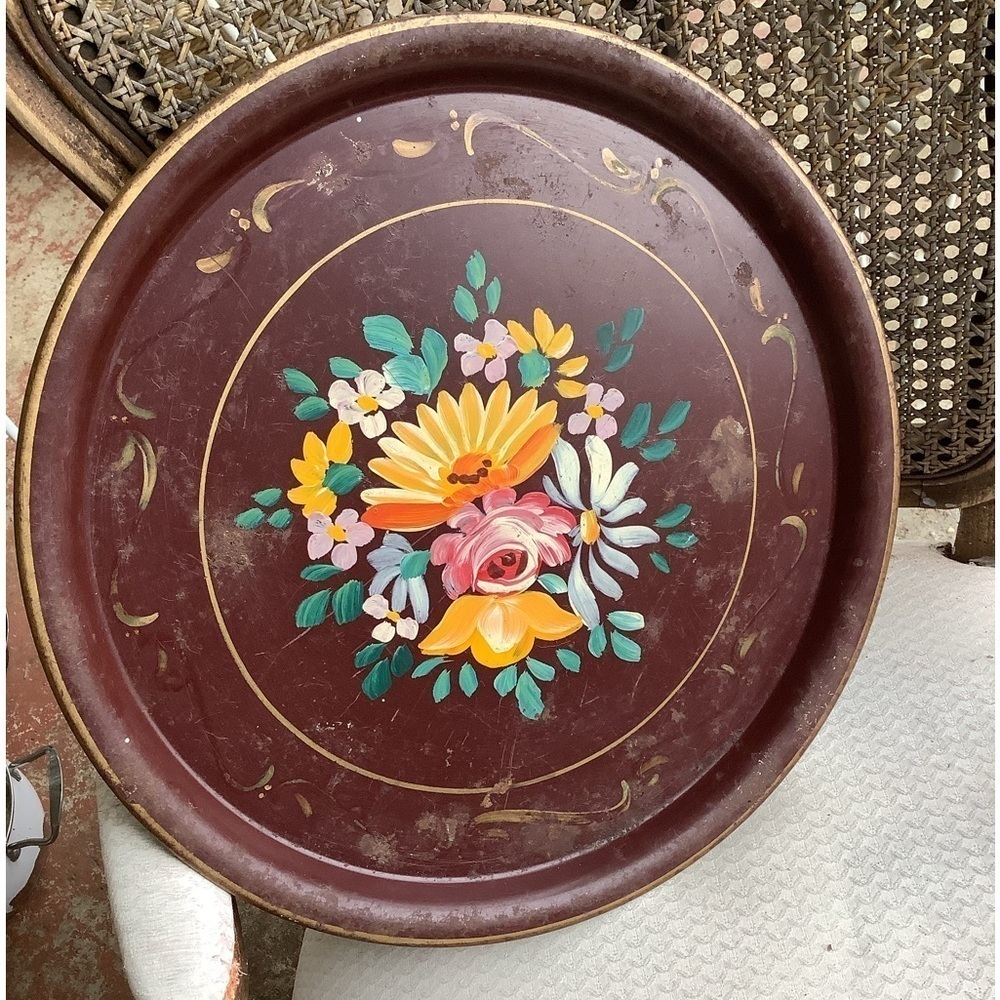 Antique Vintage Round Metal Tole Tray Hand Painted Floral